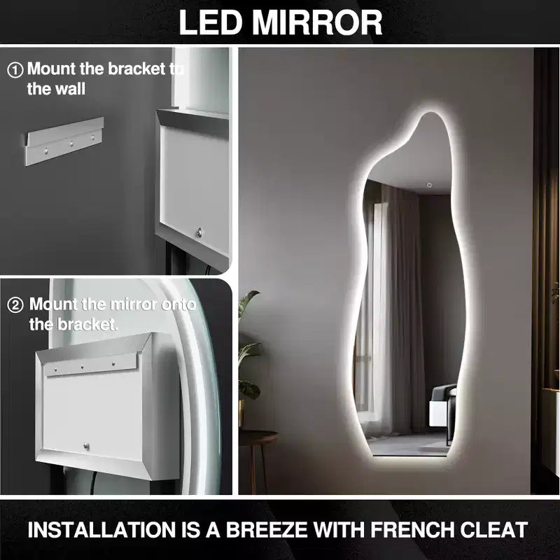 Specchio a figura intera a LED nero asimmetrico, da terra, 61x160 cm, 1 persona